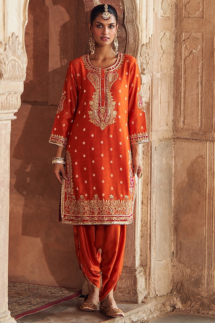 Burnt Orange Silk Chanderi Banarasi Gota Patti Embroidered Kurta Set by Sheetal Batra at Pernia's Pop Up Shop