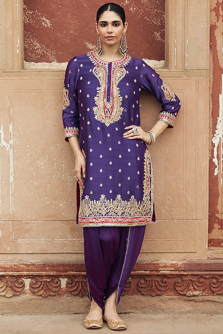Deep Purple Silk Chanderi Banarasi Gota Patti Embroidered Kurta Set by Sheetal Batra at Pernia's Pop Up Shop