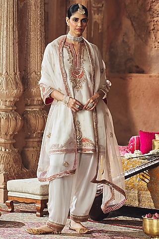 Daisy Ivory Pure Silk Banarasi Gota Patti Embroidered A-Line Kurta Set by Sheetal Batra