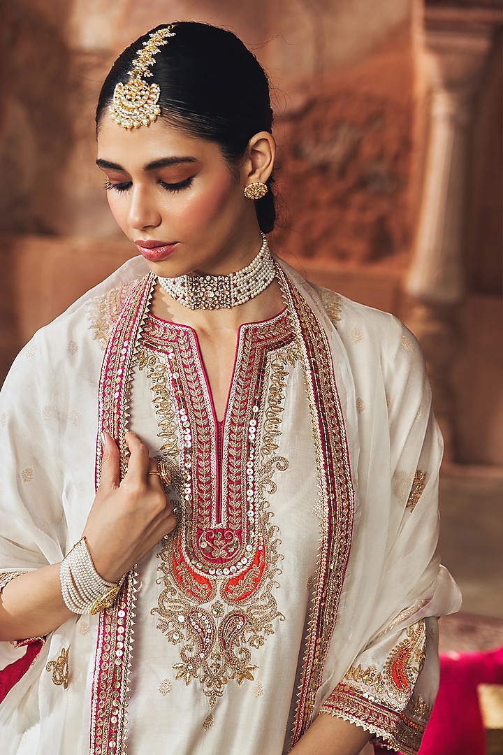 Daisy Ivory Pure Silk Banarasi Gota Patti Embroidered A-Line Kurta Set by Sheetal Batra at Pernia's Pop Up Shop