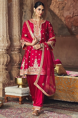 Hot Pink Pure Silk Banarasi Gota Patti Embroidered A-Line Kurta Set by Sheetal Batra