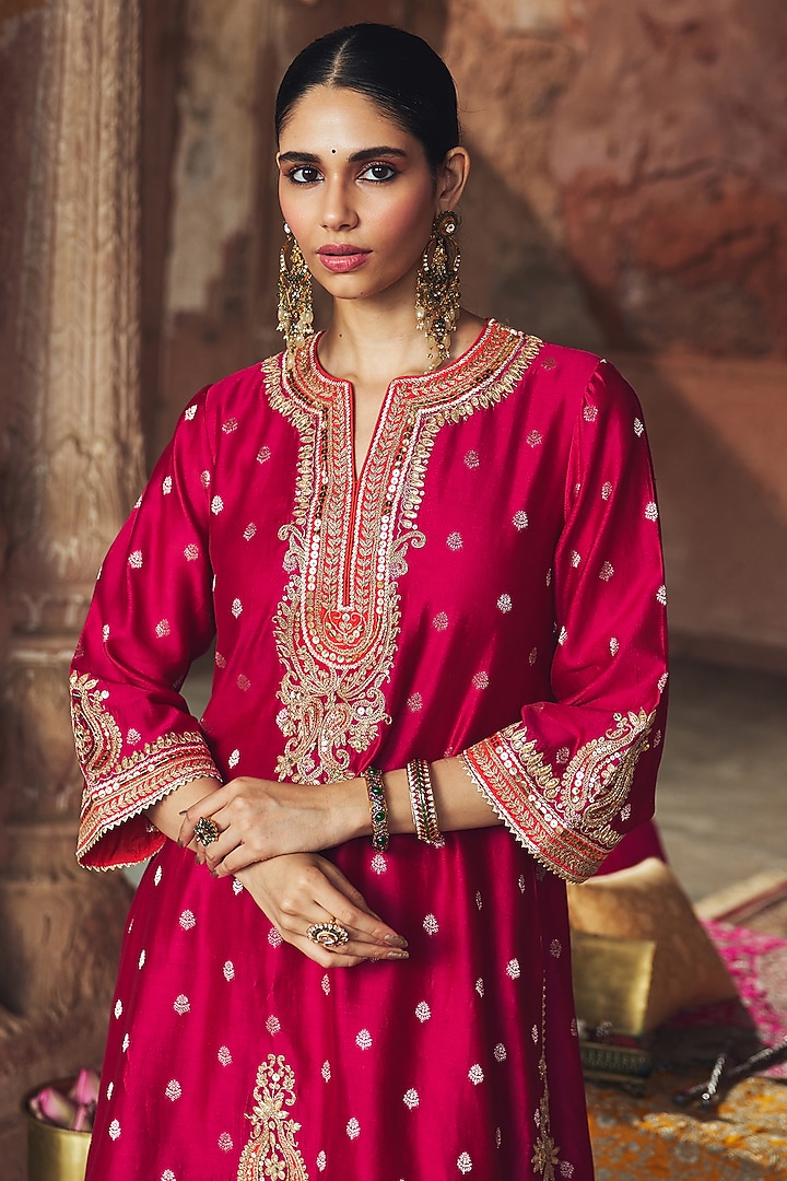 Hot Pink Pure Silk Banarasi Gota Patti Embroidered A-Line Kurta Set by Sheetal Batra at Pernia's Pop Up Shop