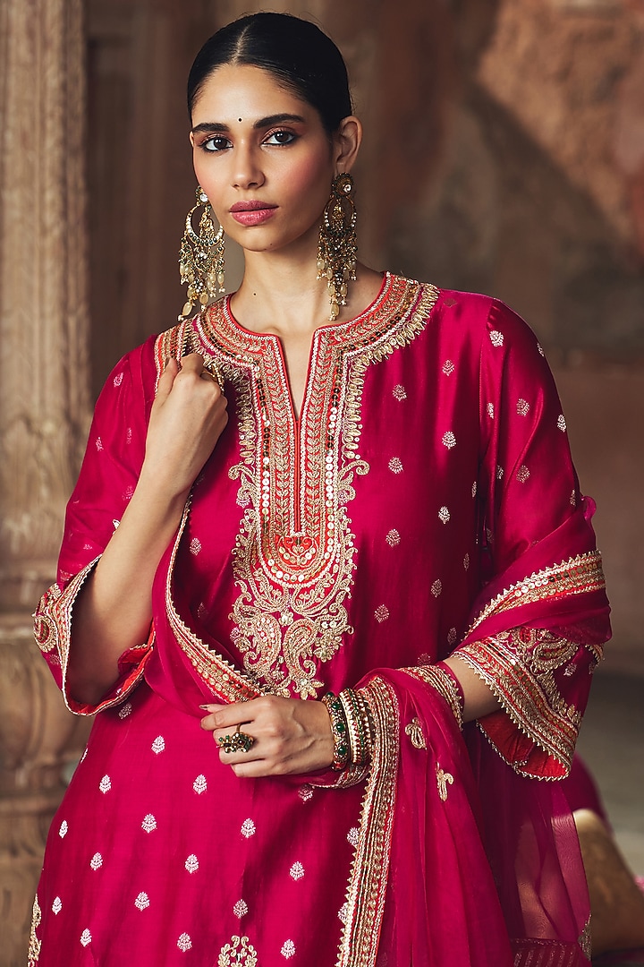Hot Pink Pure Silk Banarasi Gota Patti Embroidered A-Line Kurta Set by Sheetal Batra at Pernia's Pop Up Shop