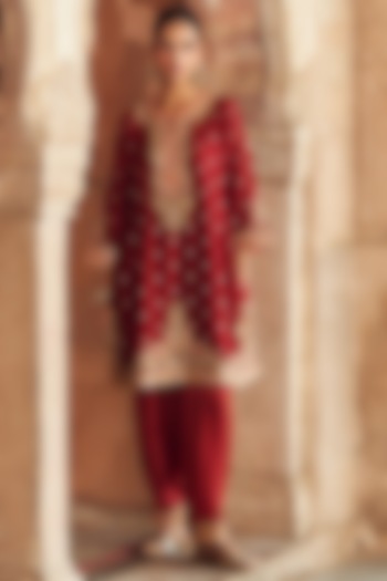 Red Pure Silk Banarasi Gota Patti Embroidered A-Line Kurta Set by Sheetal Batra at Pernia's Pop Up Shop