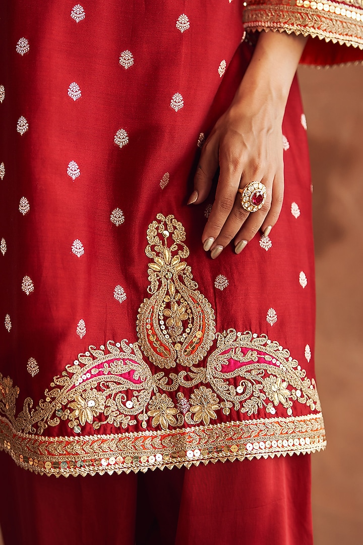 Red Pure Silk Banarasi Gota Patti Embroidered A-Line Kurta Set by Sheetal Batra at Pernia's Pop Up Shop