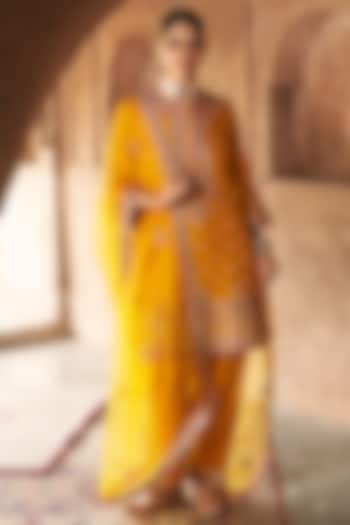 Mustard Pure Silk Banarasi Gota Patti Embroidered A-Line Kurta Set by Sheetal Batra at Pernia's Pop Up Shop