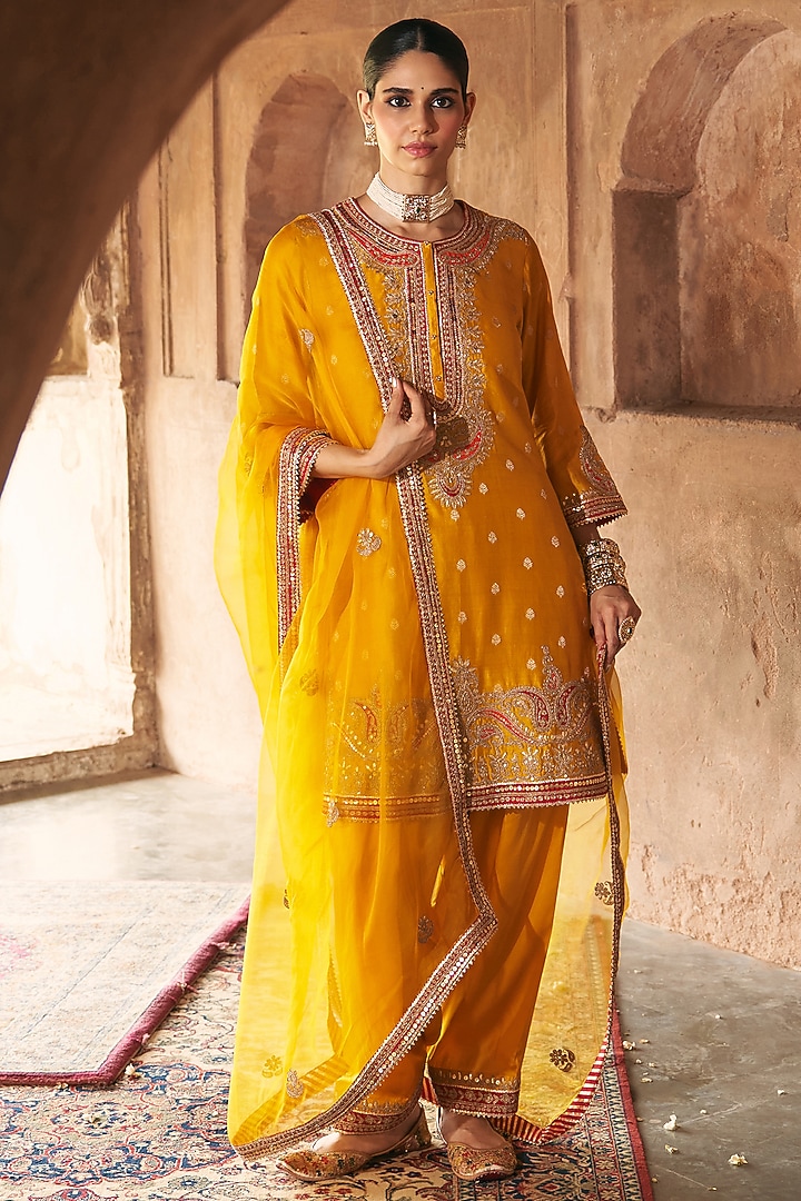 Mustard Pure Silk Banarasi Gota Patti Embroidered A-Line Kurta Set by Sheetal Batra at Pernia's Pop Up Shop