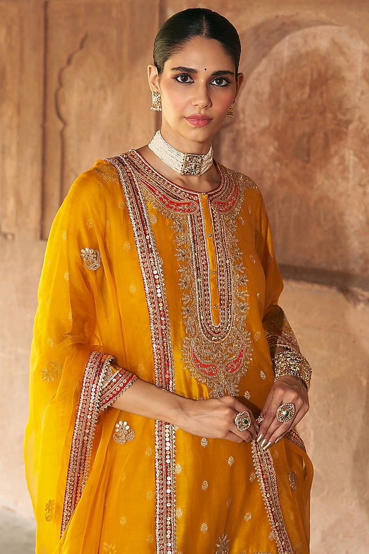 Mustard Pure Silk Banarasi Gota Patti Embroidered A-Line Kurta Set by Sheetal Batra at Pernia's Pop Up Shop