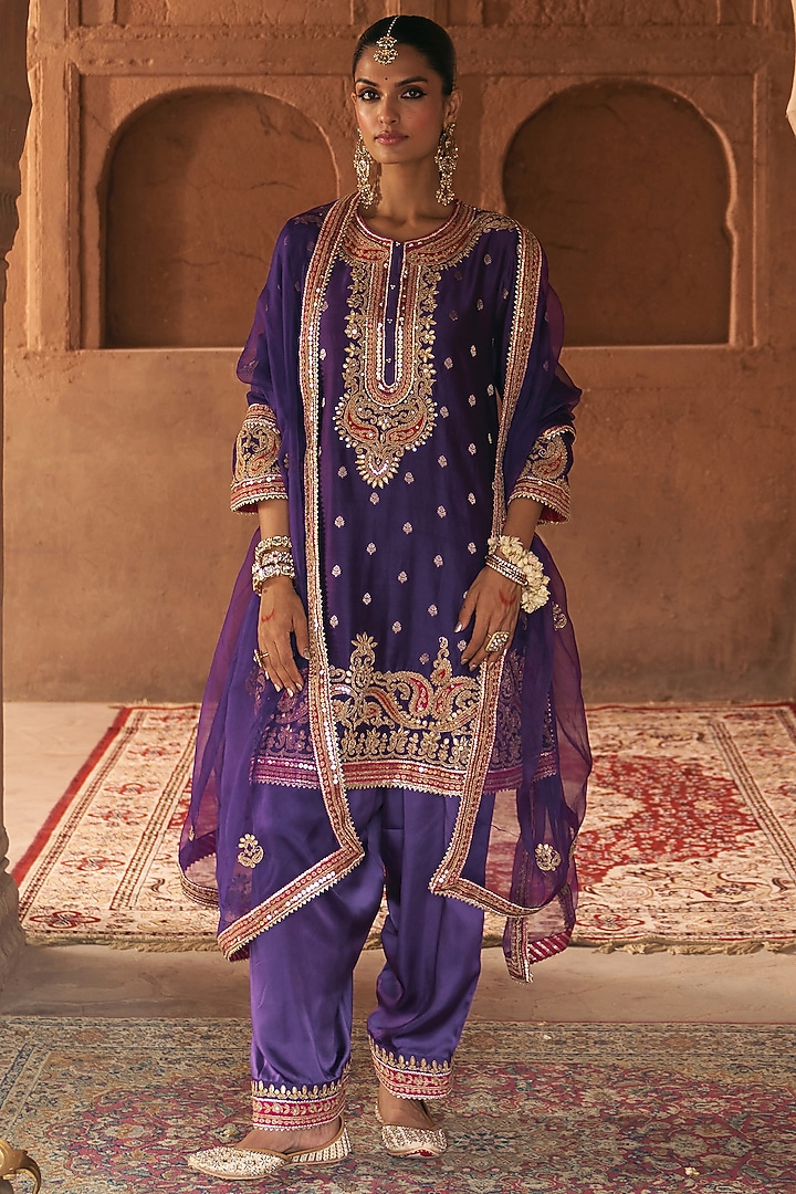 Deep Purple Pure Silk Banarasi Gota Patti Embroidered A-Line Kurta Set by Sheetal Batra at Pernia's Pop Up Shop