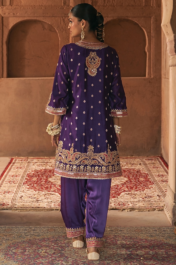 Deep Purple Pure Silk Banarasi Gota Patti Embroidered A-Line Kurta Set by Sheetal Batra at Pernia's Pop Up Shop