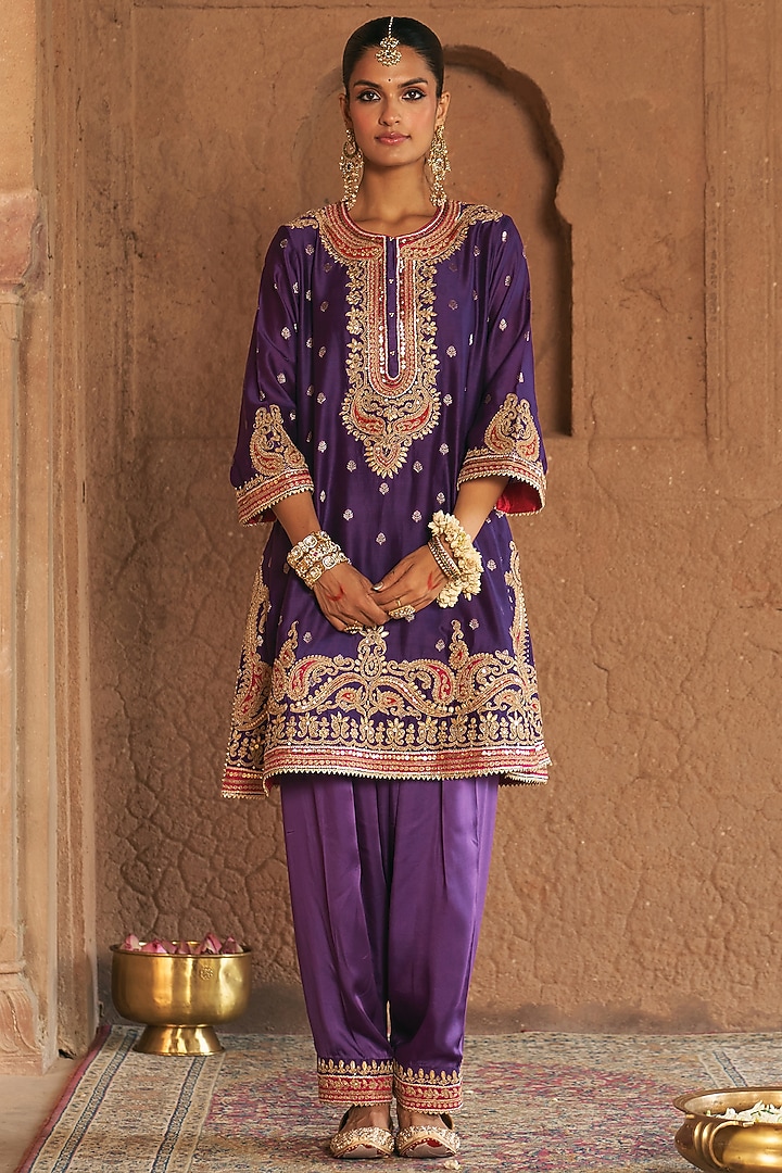 Deep Purple Pure Silk Banarasi Gota Patti Embroidered A-Line Kurta Set by Sheetal Batra at Pernia's Pop Up Shop
