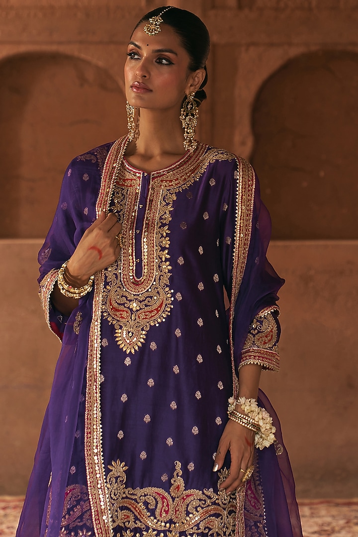 Deep Purple Pure Silk Banarasi Gota Patti Embroidered A-Line Kurta Set by Sheetal Batra at Pernia's Pop Up Shop