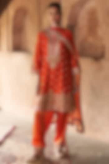 Burnt Orange Pure Silk Banarasi Gota Patti Embroidered A-Line Kurta Set by Sheetal Batra at Pernia's Pop Up Shop