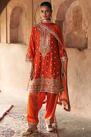 Burnt Orange Pure Silk Banarasi Gota Patti Embroidered A-Line Kurta Set by Sheetal Batra