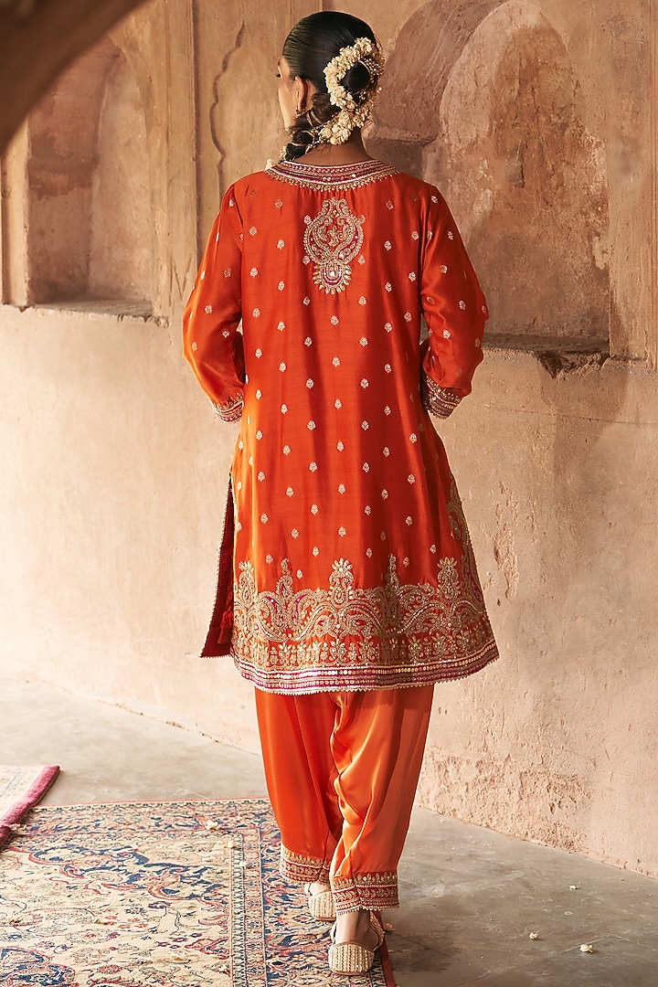 Burnt Orange Pure Silk Banarasi Gota Patti Embroidered A-Line Kurta Set by Sheetal Batra at Pernia's Pop Up Shop