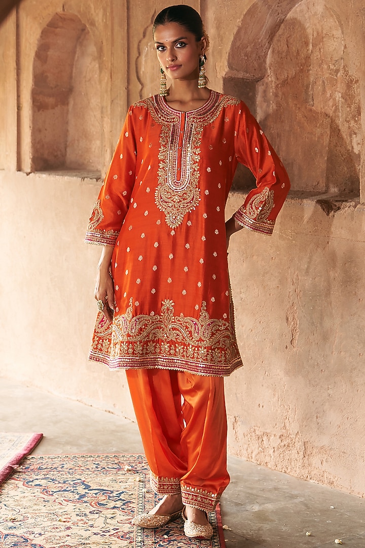 Burnt Orange Pure Silk Banarasi Gota Patti Embroidered A-Line Kurta Set by Sheetal Batra at Pernia's Pop Up Shop