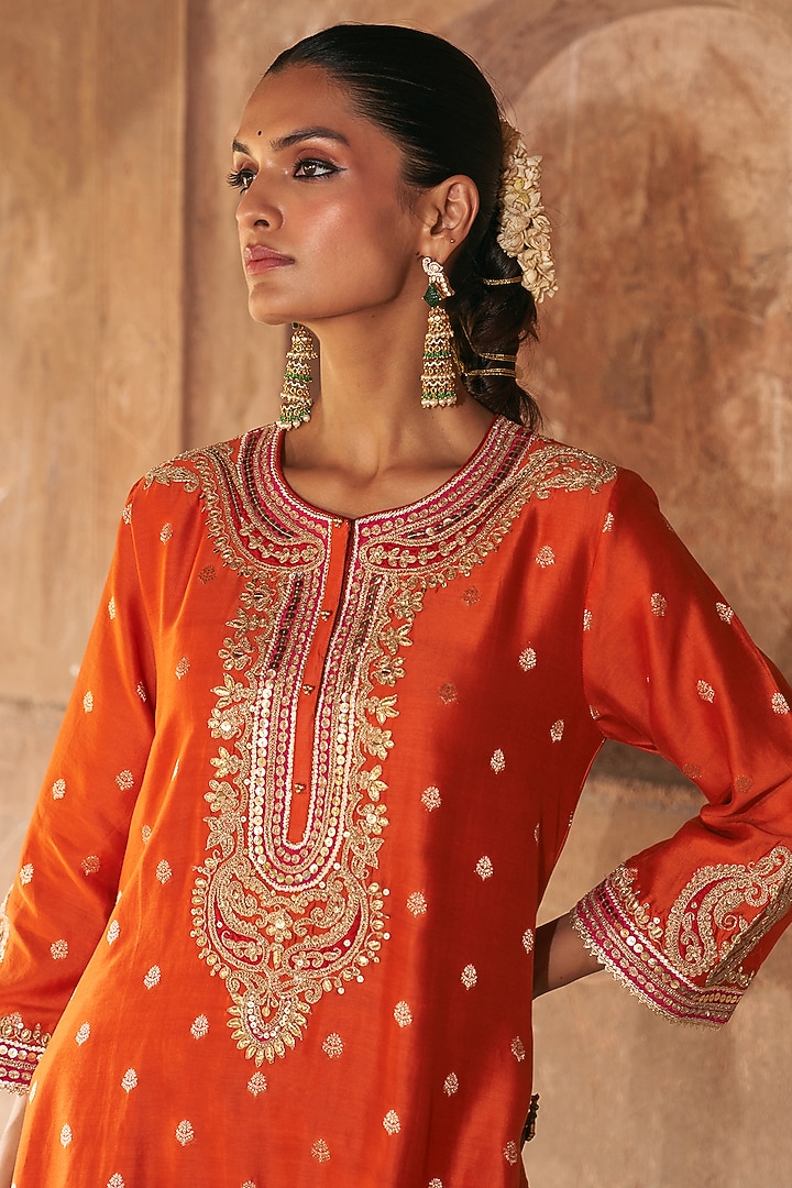 Burnt Orange Pure Silk Banarasi Gota Patti Embroidered A-Line Kurta Set by Sheetal Batra at Pernia's Pop Up Shop