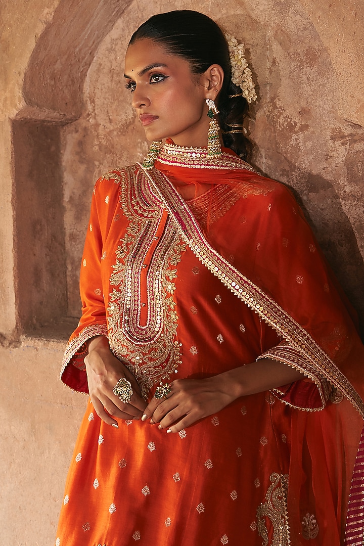 Burnt Orange Pure Silk Banarasi Gota Patti Embroidered A-Line Kurta Set by Sheetal Batra at Pernia's Pop Up Shop