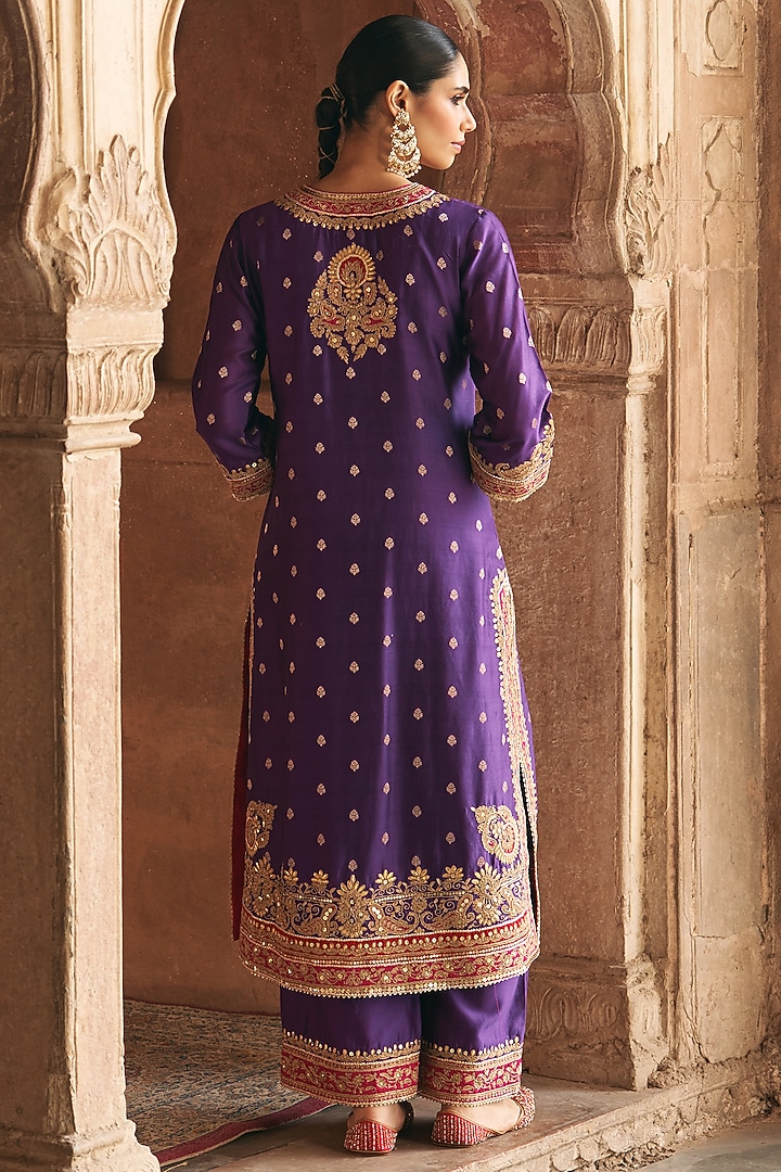 Deep Purple Silk Chanderi Kashmiri Tilla Embroidered A-Line Kurta Set by Sheetal Batra at Pernia's Pop Up Shop