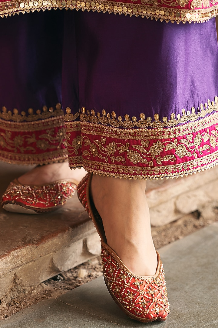 Deep Purple Silk Chanderi Kashmiri Tilla Embroidered A-Line Kurta Set by Sheetal Batra at Pernia's Pop Up Shop