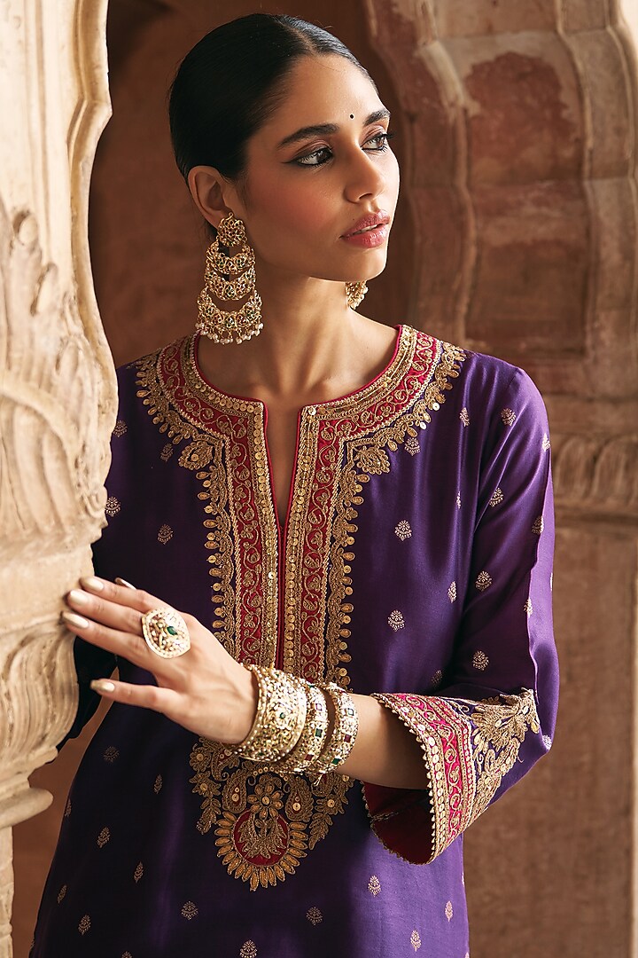 Deep Purple Silk Chanderi Kashmiri Tilla Embroidered A-Line Kurta Set by Sheetal Batra at Pernia's Pop Up Shop