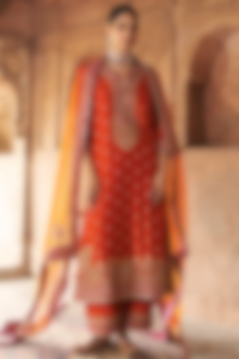 Burnt Orange Silk Chanderi Kashmiri Tilla Embroidered A-Line Kurta Set by Sheetal Batra at Pernia's Pop Up Shop