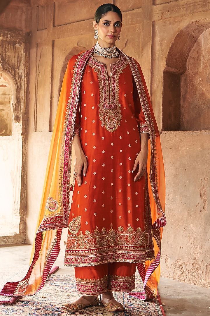 Burnt Orange Silk Chanderi Kashmiri Tilla Embroidered A-Line Kurta Set by Sheetal Batra at Pernia's Pop Up Shop