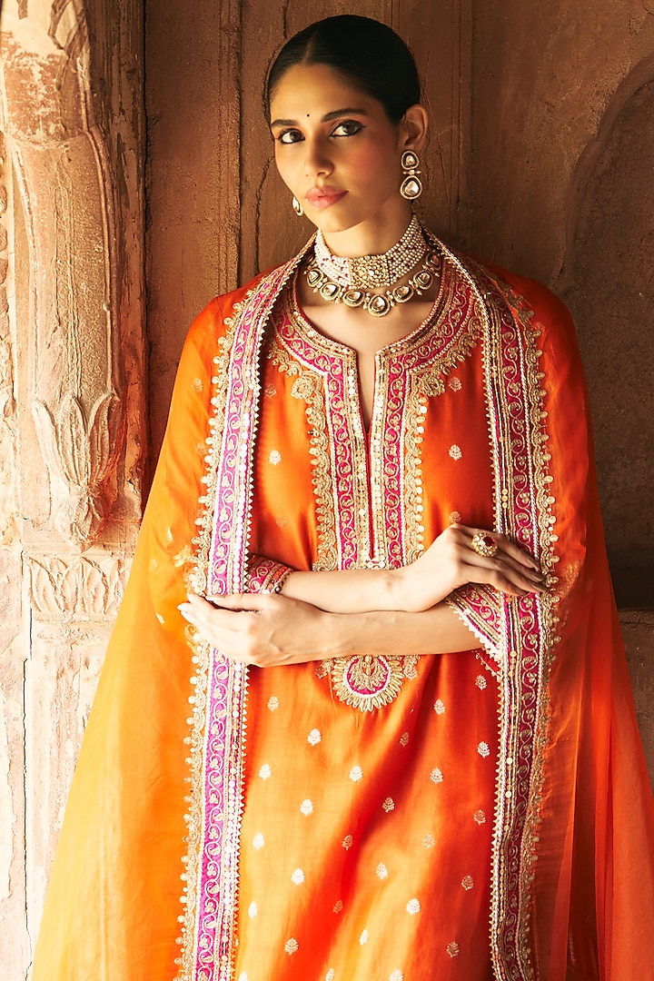 Burnt Orange Silk Chanderi Kashmiri Tilla Embroidered A-Line Kurta Set by Sheetal Batra at Pernia's Pop Up Shop
