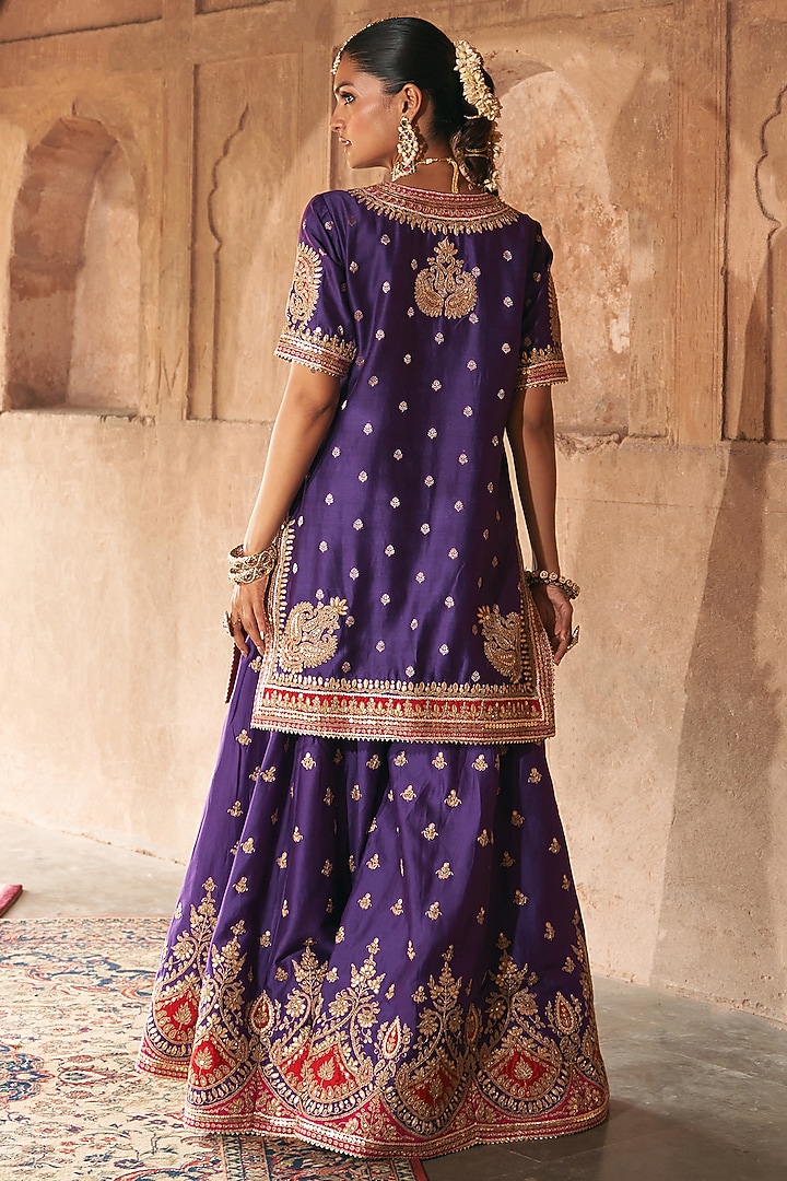 Deep Purple Silk Chanderi Boota Embroidered Bridal Sharara Set by Sheetal Batra at Pernia's Pop Up Shop