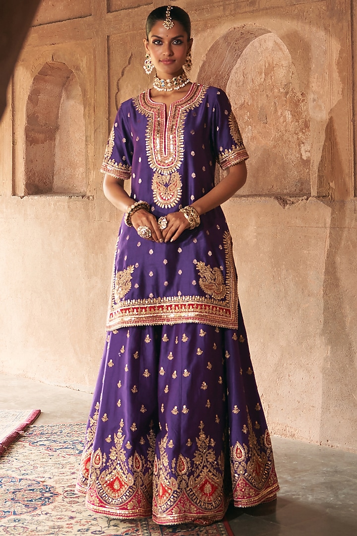 Deep Purple Silk Chanderi Boota Embroidered Bridal Sharara Set by Sheetal Batra at Pernia's Pop Up Shop