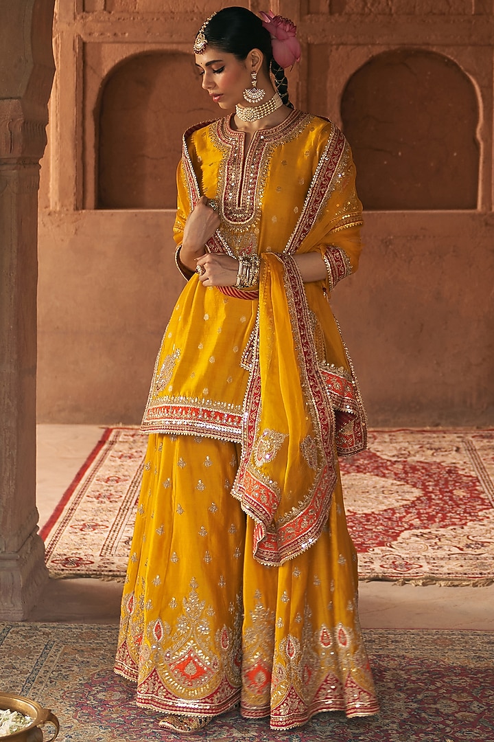 Mustard Silk Chanderi Boota Embroidered Bridal Sharara Set by Sheetal Batra at Pernia's Pop Up Shop