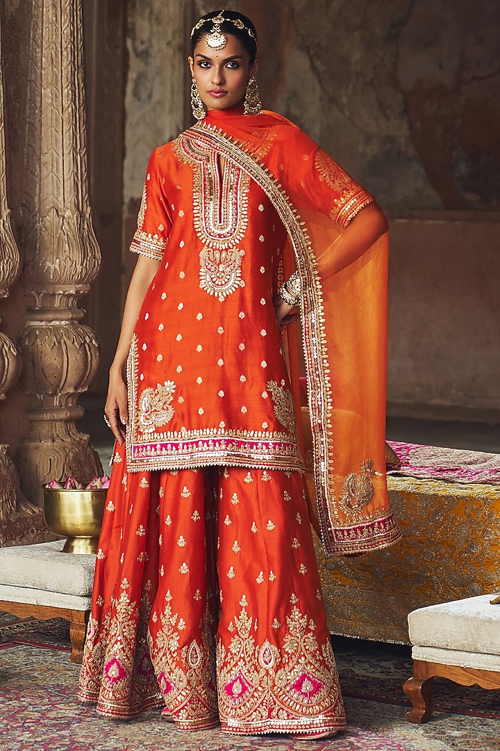 Burnt Orange Silk Chanderi Boota Embroidered Bridal Sharara Set by Sheetal Batra at Pernia's Pop Up Shop