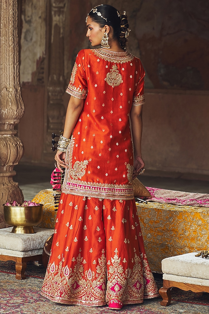 Burnt Orange Silk Chanderi Boota Embroidered Bridal Sharara Set by Sheetal Batra at Pernia's Pop Up Shop
