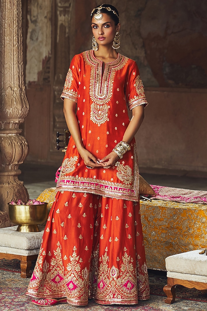 Burnt Orange Silk Chanderi Boota Embroidered Bridal Sharara Set by Sheetal Batra at Pernia's Pop Up Shop