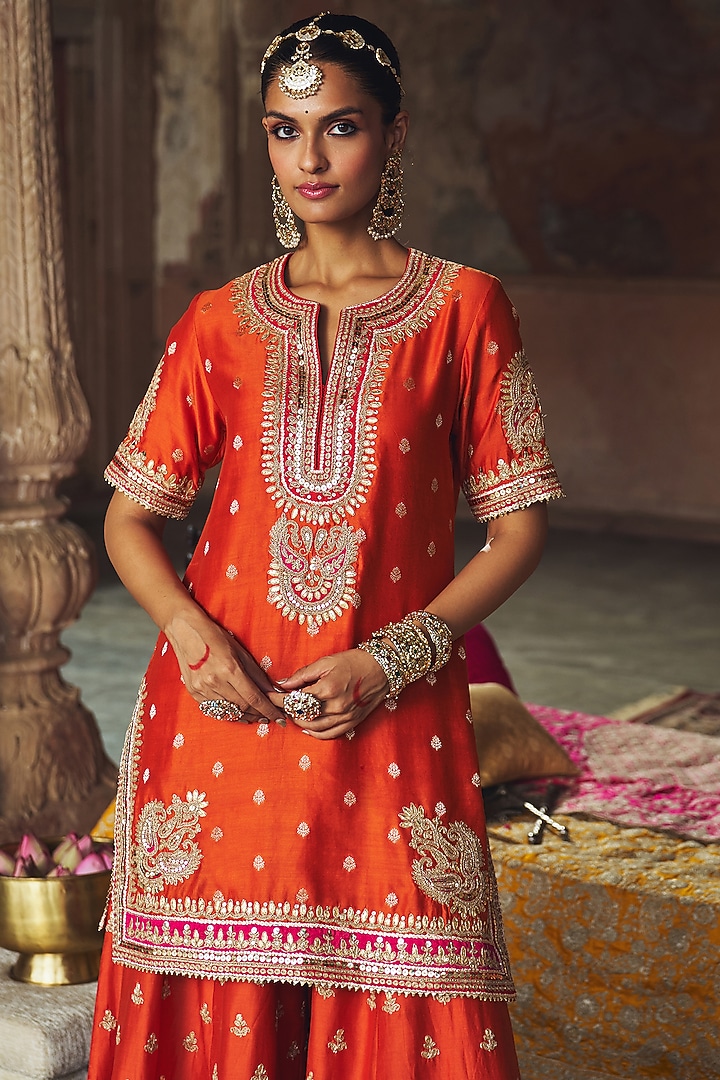 Burnt Orange Silk Chanderi Boota Embroidered Bridal Sharara Set by Sheetal Batra at Pernia's Pop Up Shop