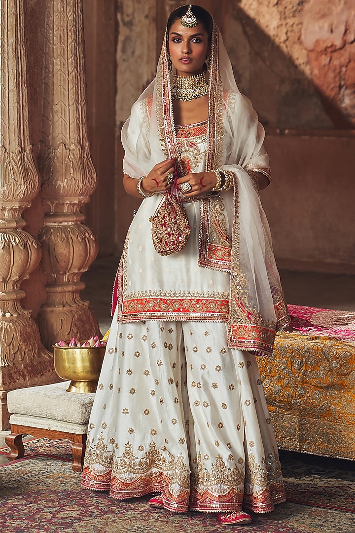 Daisy Ivory Silk Chanderi Boota Embroidered Bridal Sharara Set by Sheetal Batra at Pernia's Pop Up Shop