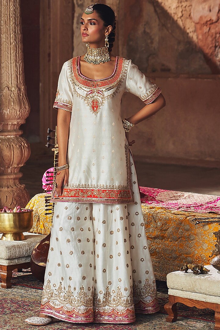 Daisy Ivory Silk Chanderi Boota Embroidered Bridal Sharara Set by Sheetal Batra at Pernia's Pop Up Shop