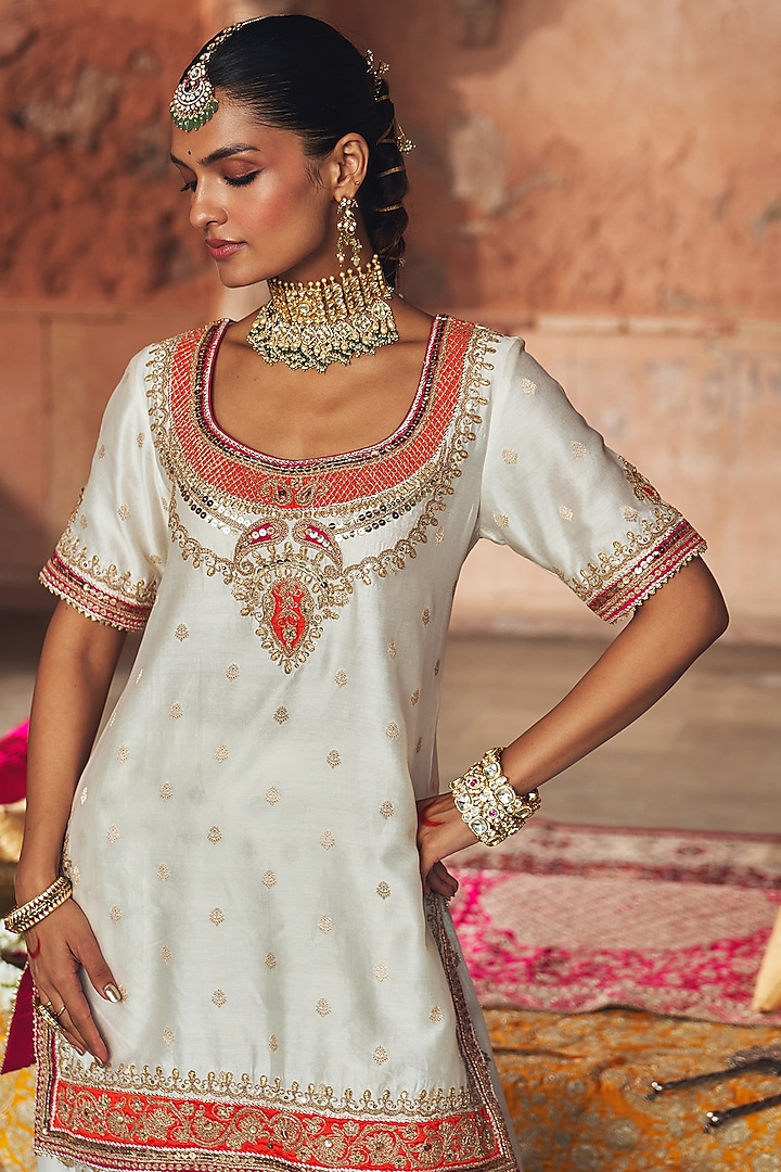 Daisy Ivory Silk Chanderi Boota Embroidered Bridal Sharara Set by Sheetal Batra at Pernia's Pop Up Shop