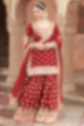 Deep Red Silk Chanderi Boota Embroidered Bridal Sharara Set by Sheetal Batra at Pernia's Pop Up Shop