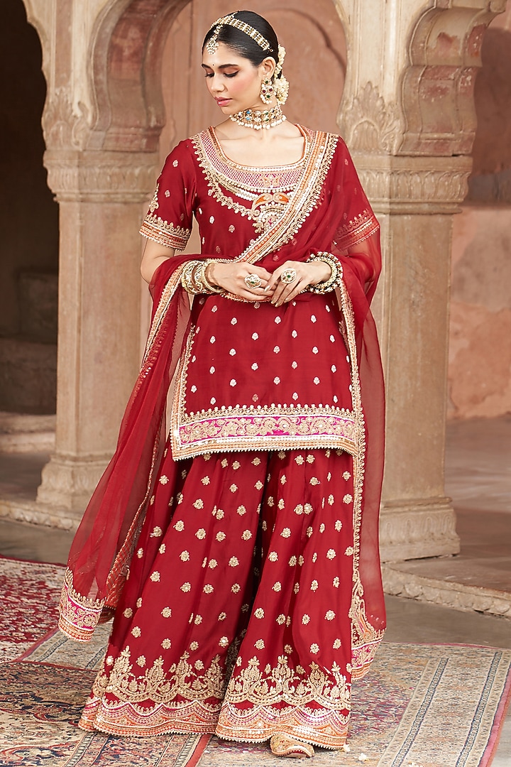 Deep Red Silk Chanderi Boota Embroidered Bridal Sharara Set by Sheetal Batra at Pernia's Pop Up Shop