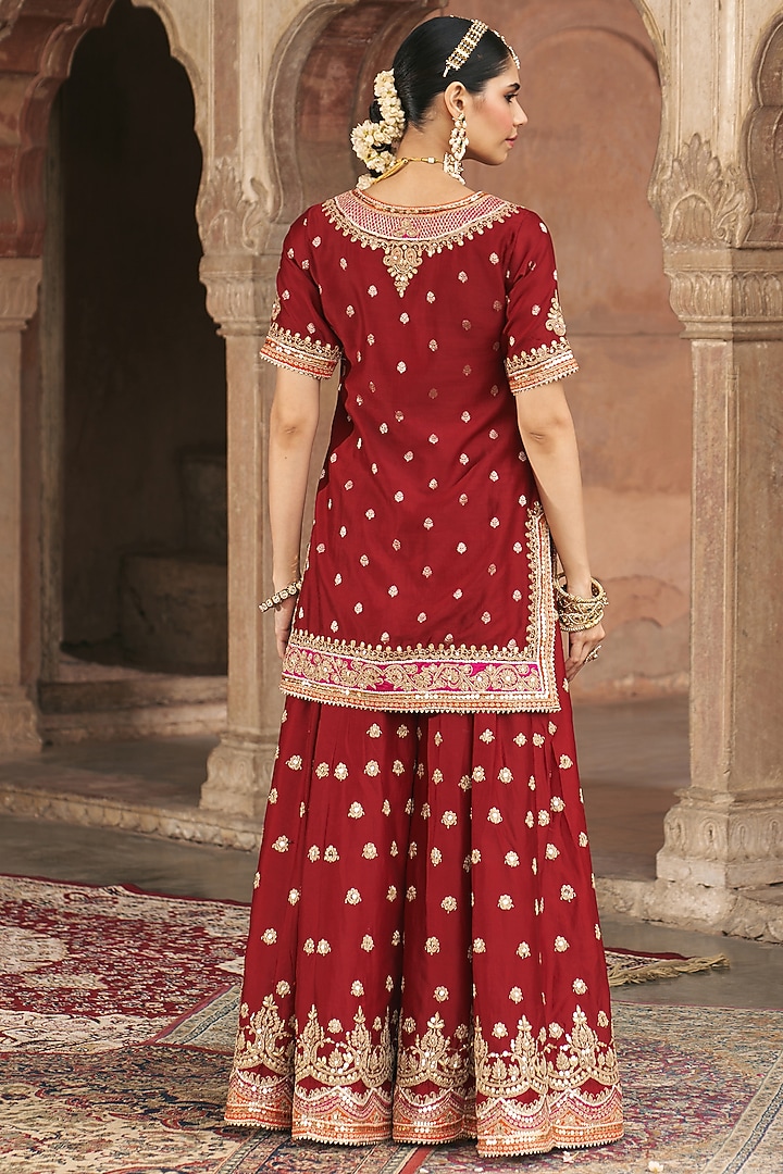 Deep Red Silk Chanderi Boota Embroidered Bridal Sharara Set by Sheetal Batra at Pernia's Pop Up Shop