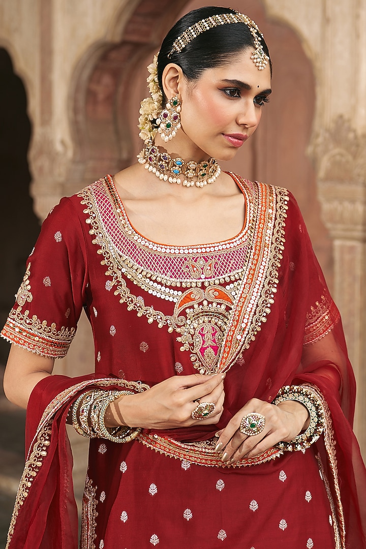 Deep Red Silk Chanderi Boota Embroidered Bridal Sharara Set by Sheetal Batra at Pernia's Pop Up Shop