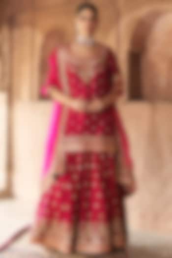 Hot Pink Silk Chanderi Boota Embroidered Bridal Sharara Set by Sheetal Batra at Pernia's Pop Up Shop