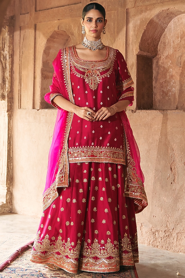 Hot Pink Silk Chanderi Boota Embroidered Bridal Sharara Set by Sheetal Batra at Pernia's Pop Up Shop