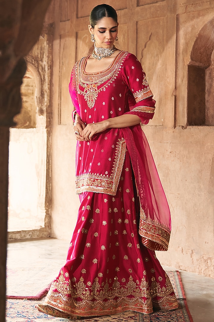 Hot Pink Silk Chanderi Boota Embroidered Bridal Sharara Set by Sheetal Batra at Pernia's Pop Up Shop