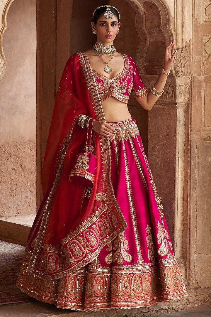 Hot Pink Pure Raw Silk Gota Patti Embroidered Bridal Lehenga Set by Sheetal Batra at Pernia's Pop Up Shop