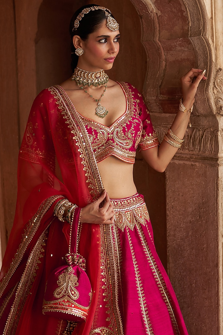 Hot Pink Pure Raw Silk Gota Patti Embroidered Bridal Lehenga Set by Sheetal Batra at Pernia's Pop Up Shop