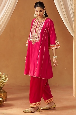 Hot Pink Pure Silk Chanderi Gota Embroidered Choga Kurta Set by sheetal batra