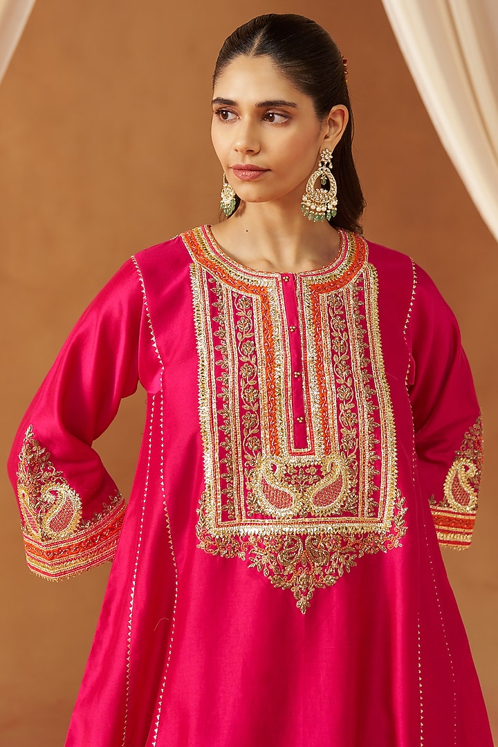 Hot Pink Pure Silk Chanderi Gota Embroidered Choga Kurta Set by Sheetal Batra at Pernia's Pop Up Shop
