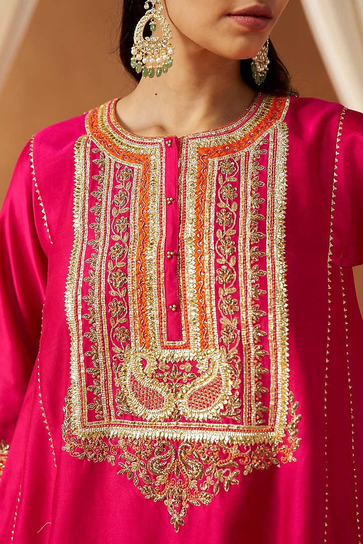 Hot Pink Pure Silk Chanderi Gota Embroidered Choga Kurta Set by Sheetal Batra at Pernia's Pop Up Shop